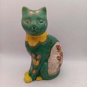 Floral Green and Yellow Ceramic Cat Figurine